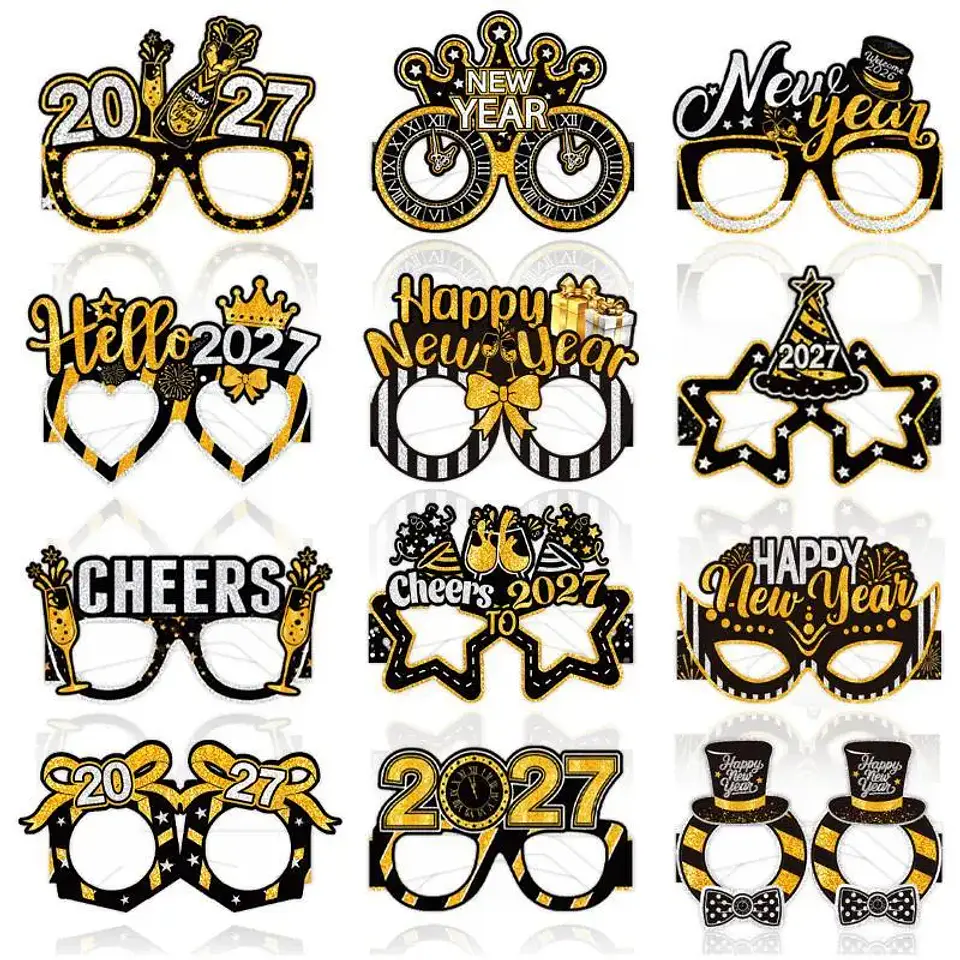 Set de 6 Lentes de Fiesta Año Nuevo 2027 – Negro y Dorado con Glitter para Fotos y Celebraciones 1