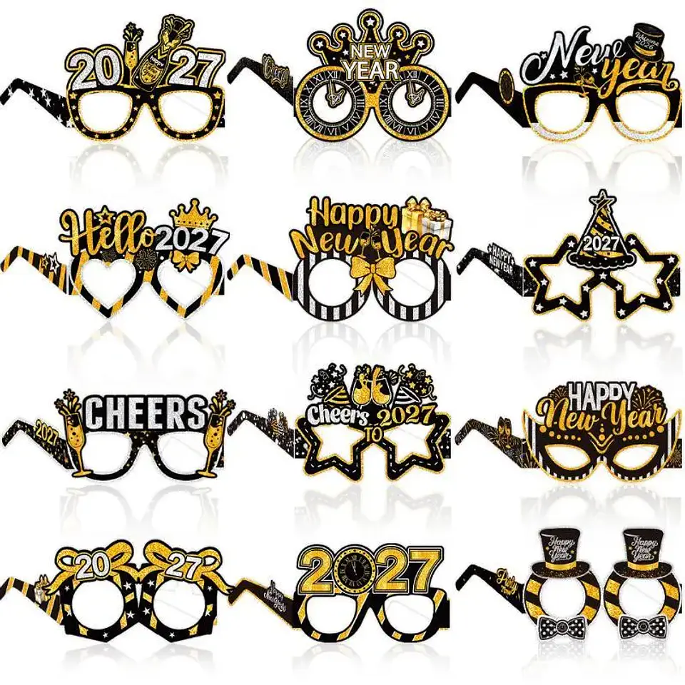 Set de 6 Lentes de Fiesta Año Nuevo 2027 – Negro y Dorado con Glitter para Fotos y Celebraciones 2