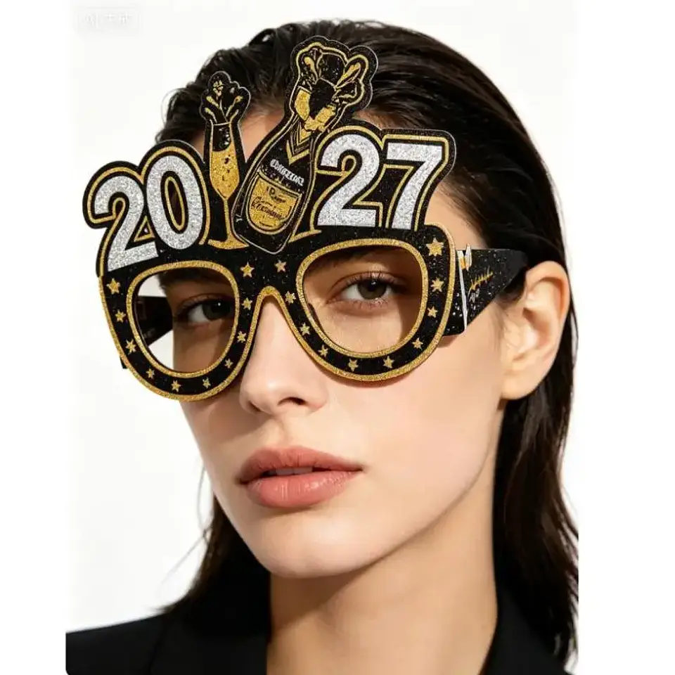 Set de 6 Lentes de Fiesta Año Nuevo 2027 – Negro y Dorado con Glitter para Fotos y Celebraciones 5