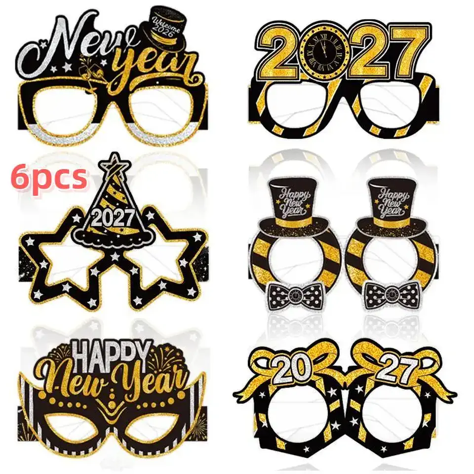 Set de 6 Lentes de Fiesta Año Nuevo 2027 – Negro y Dorado con Glitter para Fotos y Celebraciones 7