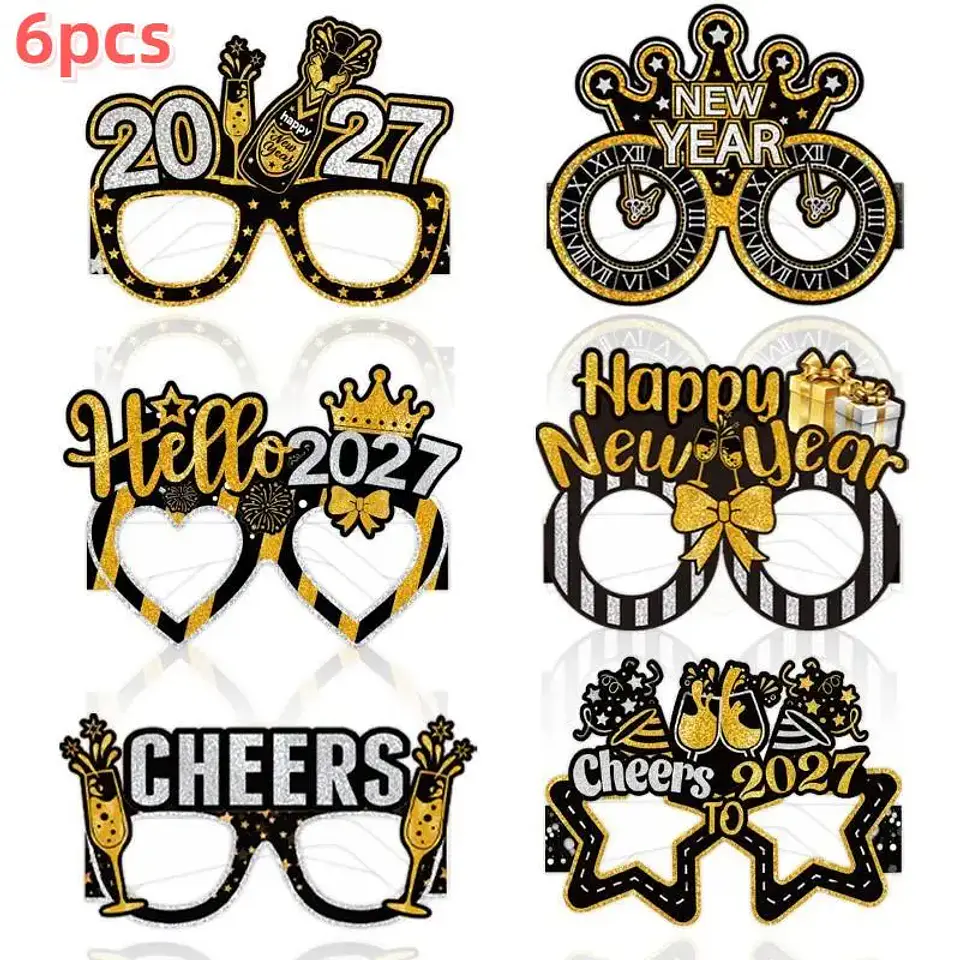 Set de 6 Lentes de Fiesta Año Nuevo 2027 – Negro y Dorado con Glitter para Fotos y Celebraciones 8