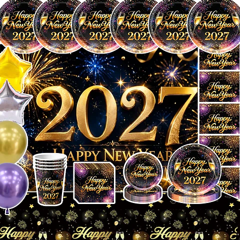 Set de Decoración Año Nuevo 2027 – Platos, Vasos, Servilletas, Mantel y Accesorios para Fiesta