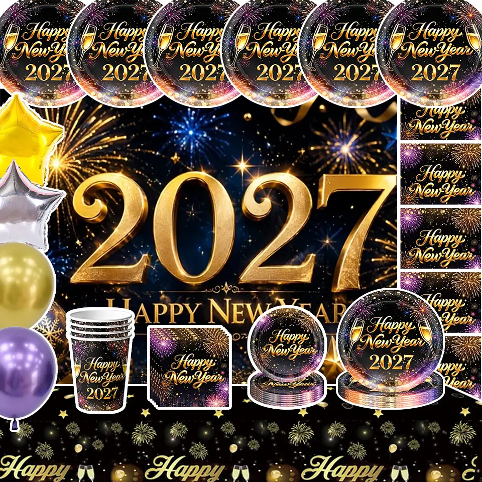Set de Decoración Año Nuevo 2027 – Platos, Vasos, Servilletas, Mantel y Accesorios para Fiesta 1