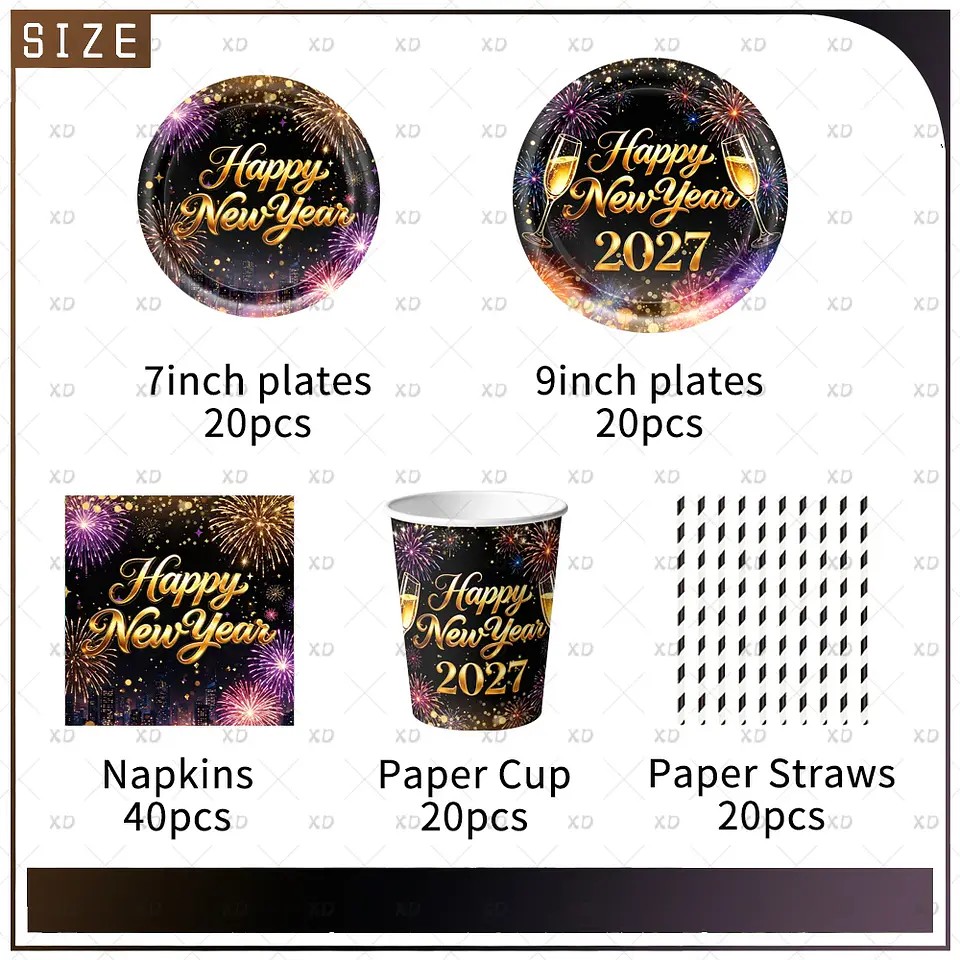 Set de Decoración Año Nuevo 2027 – Platos, Vasos, Servilletas, Mantel y Accesorios para Fiesta 2