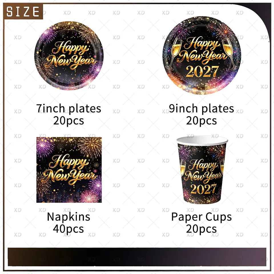 Set de Decoración Año Nuevo 2027 – Platos, Vasos, Servilletas, Mantel y Accesorios para Fiesta 17