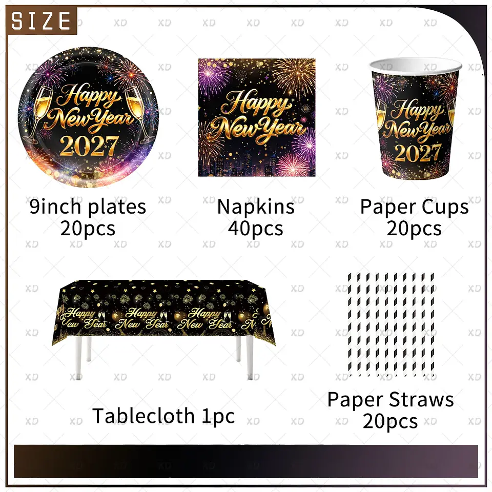 Set de Decoración Año Nuevo 2027 – Platos, Vasos, Servilletas, Mantel y Accesorios para Fiesta 18