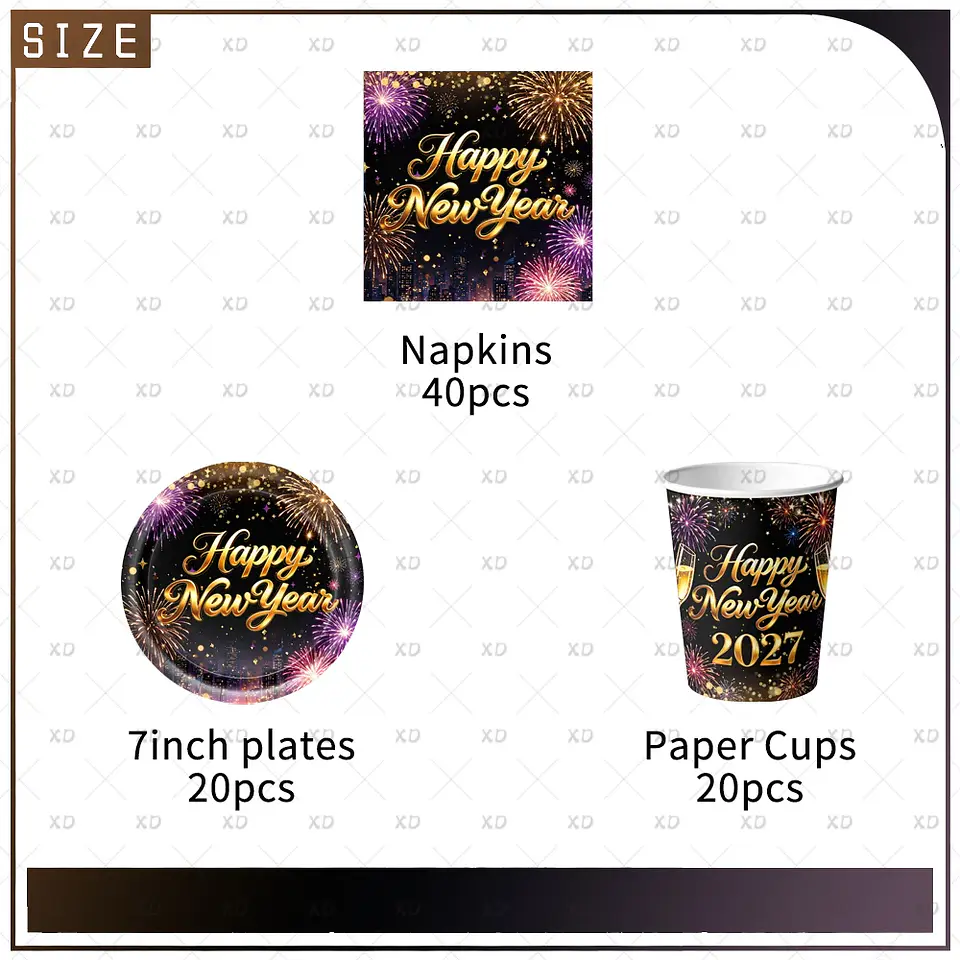 Set de Decoración Año Nuevo 2027 – Platos, Vasos, Servilletas, Mantel y Accesorios para Fiesta 34