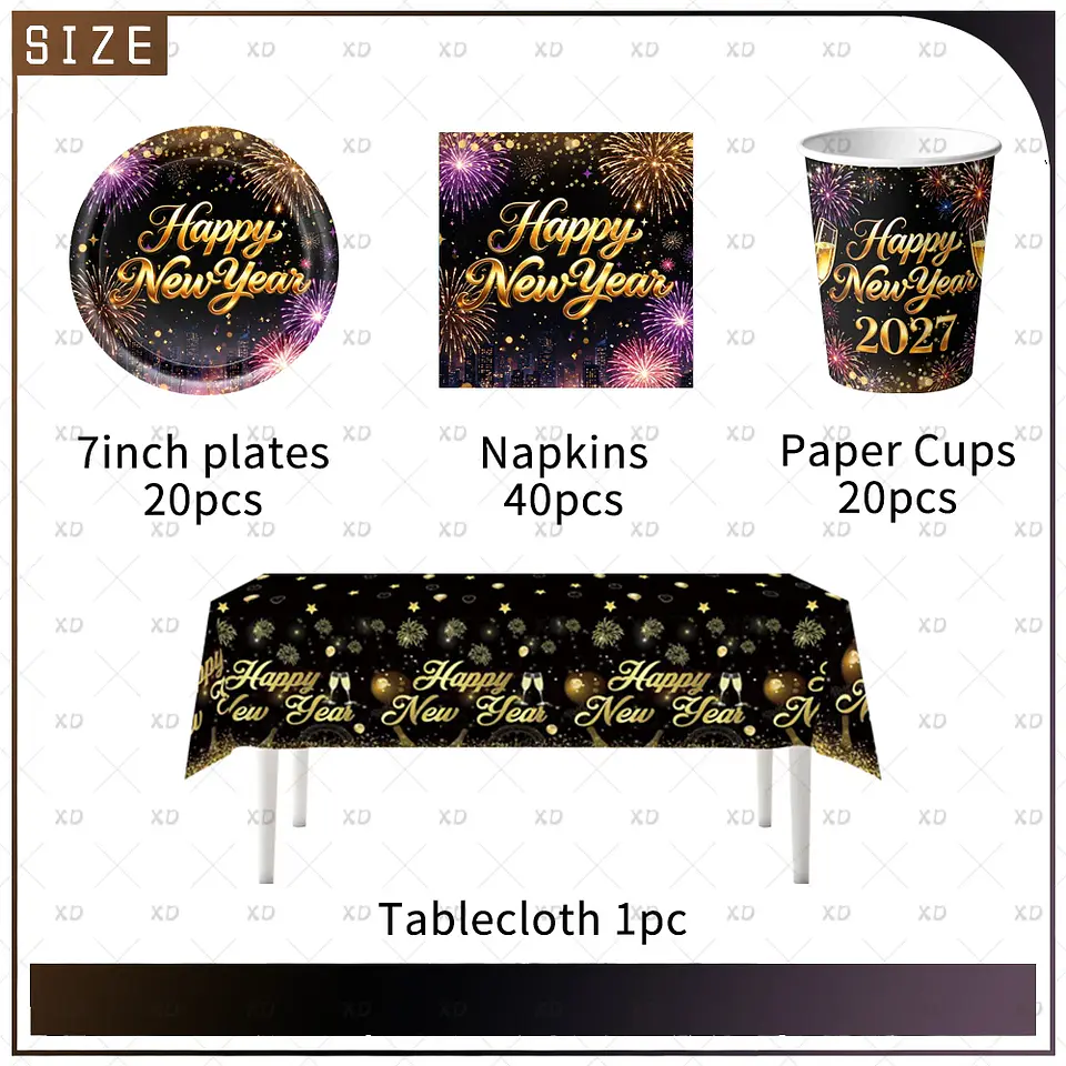 Set de Decoración Año Nuevo 2027 – Platos, Vasos, Servilletas, Mantel y Accesorios para Fiesta 36