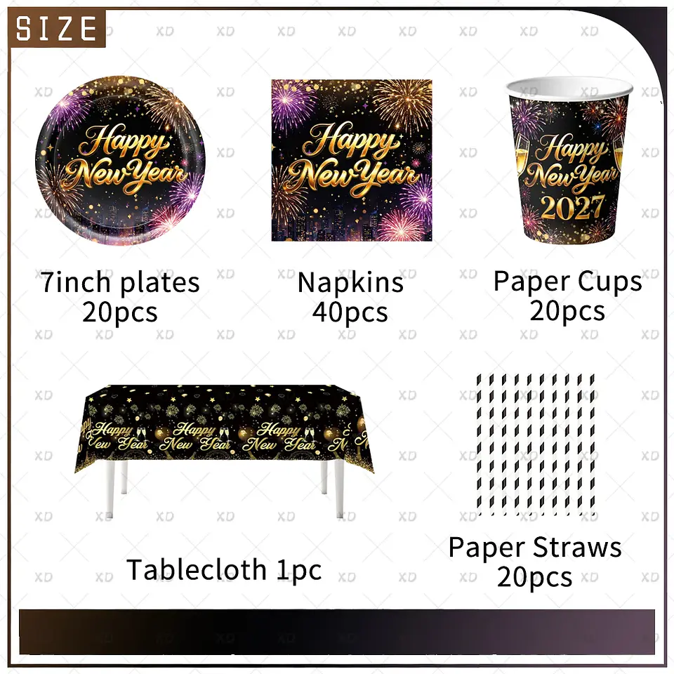 Set de Decoración Año Nuevo 2027 – Platos, Vasos, Servilletas, Mantel y Accesorios para Fiesta 38