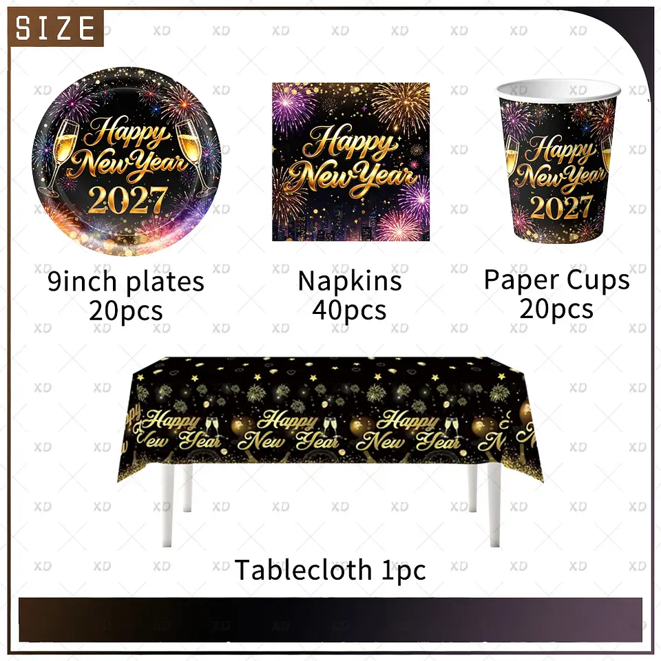 Set de Decoración Año Nuevo 2027 – Platos, Vasos, Servilletas, Mantel y Accesorios para Fiesta 39
