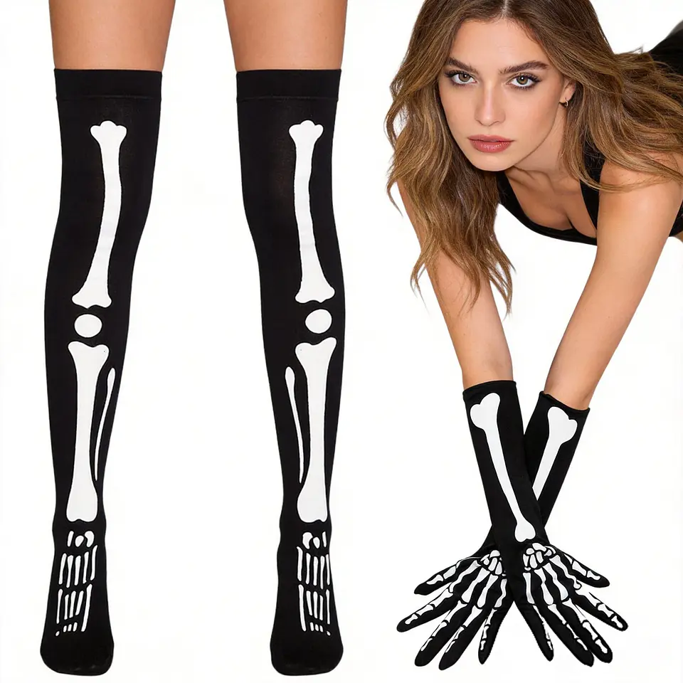 Kit de Esqueleto Verde Fluorescente – Medias sobre la Rodilla y Guantes Largos para Halloween 1
