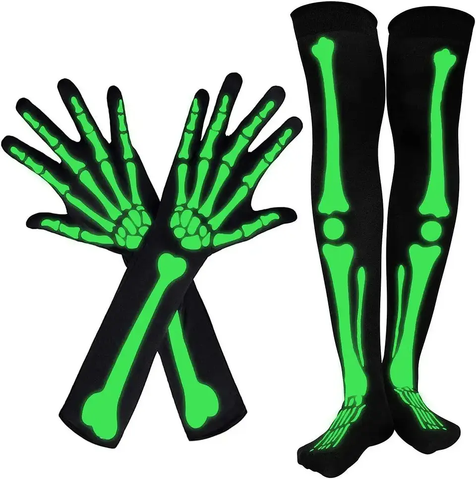 Kit de Esqueleto Verde Fluorescente – Medias sobre la Rodilla y Guantes Largos para Halloween 3