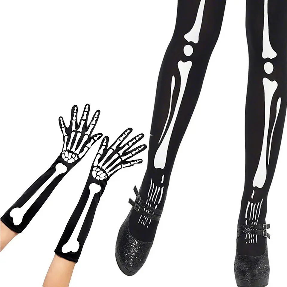 Kit de Esqueleto Verde Fluorescente – Medias sobre la Rodilla y Guantes Largos para Halloween 5