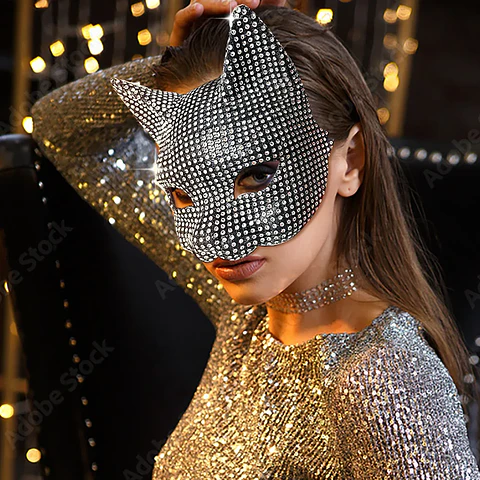 Máscara de Gato Brillante con Orejas – Antifaz Glam para Halloween