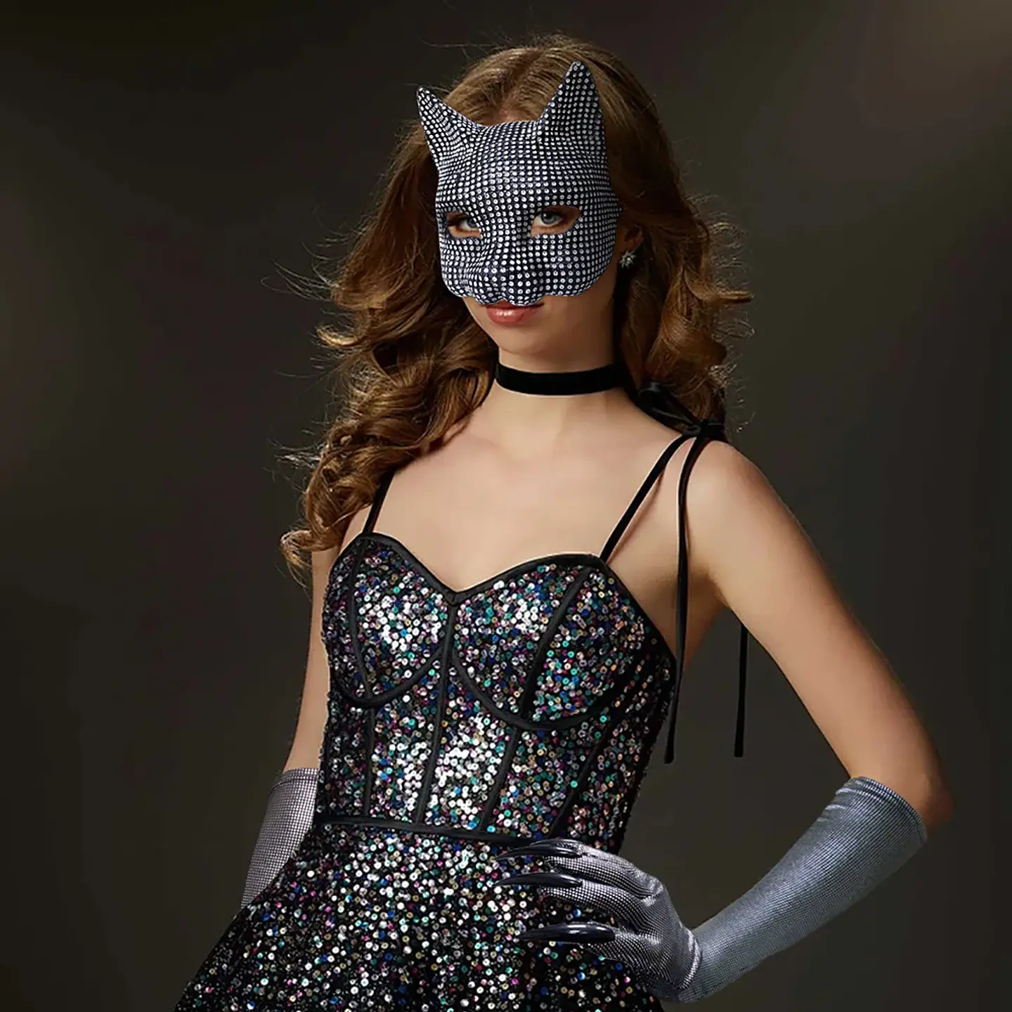 Máscara de Gato Brillante con Orejas – Antifaz Glam para Halloween 2