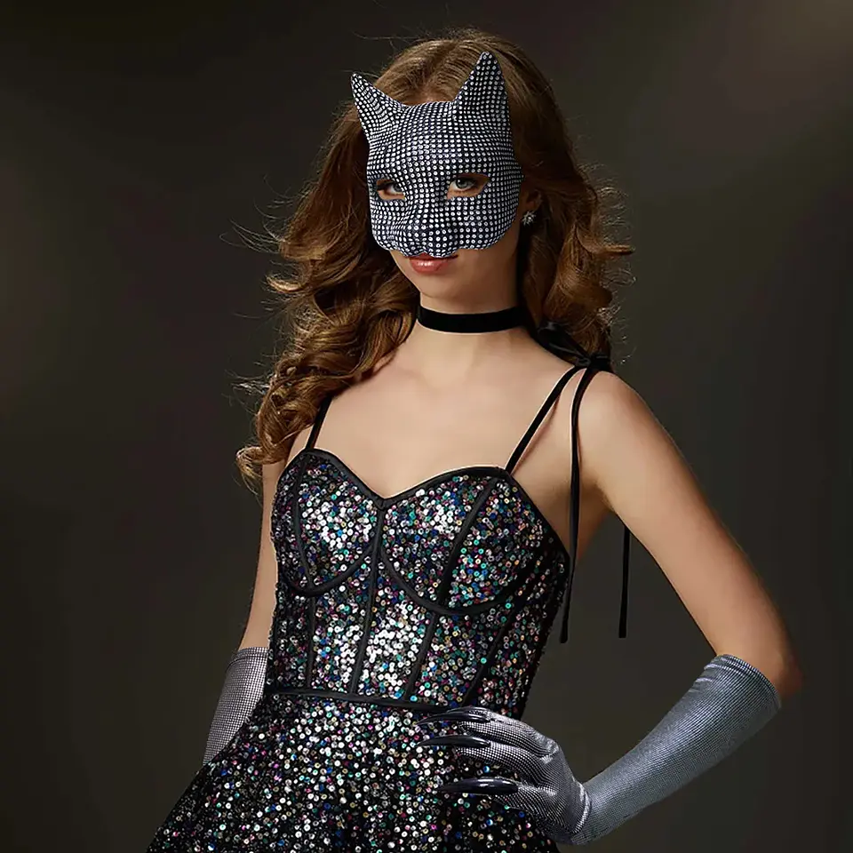Máscara de Gato Brillante con Orejas – Antifaz Glam para Halloween 2