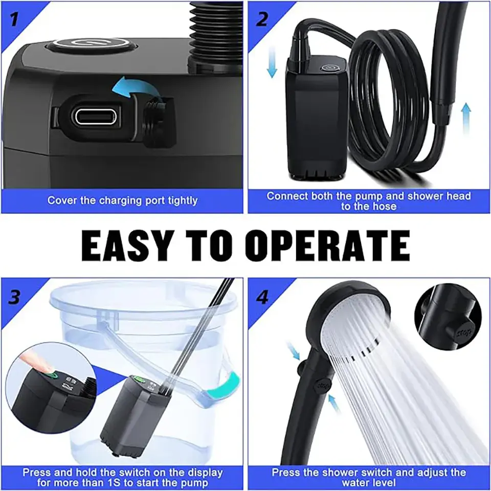 Ducha Portátil Recargable para Camping 6000 mAh con Pantalla LED 5