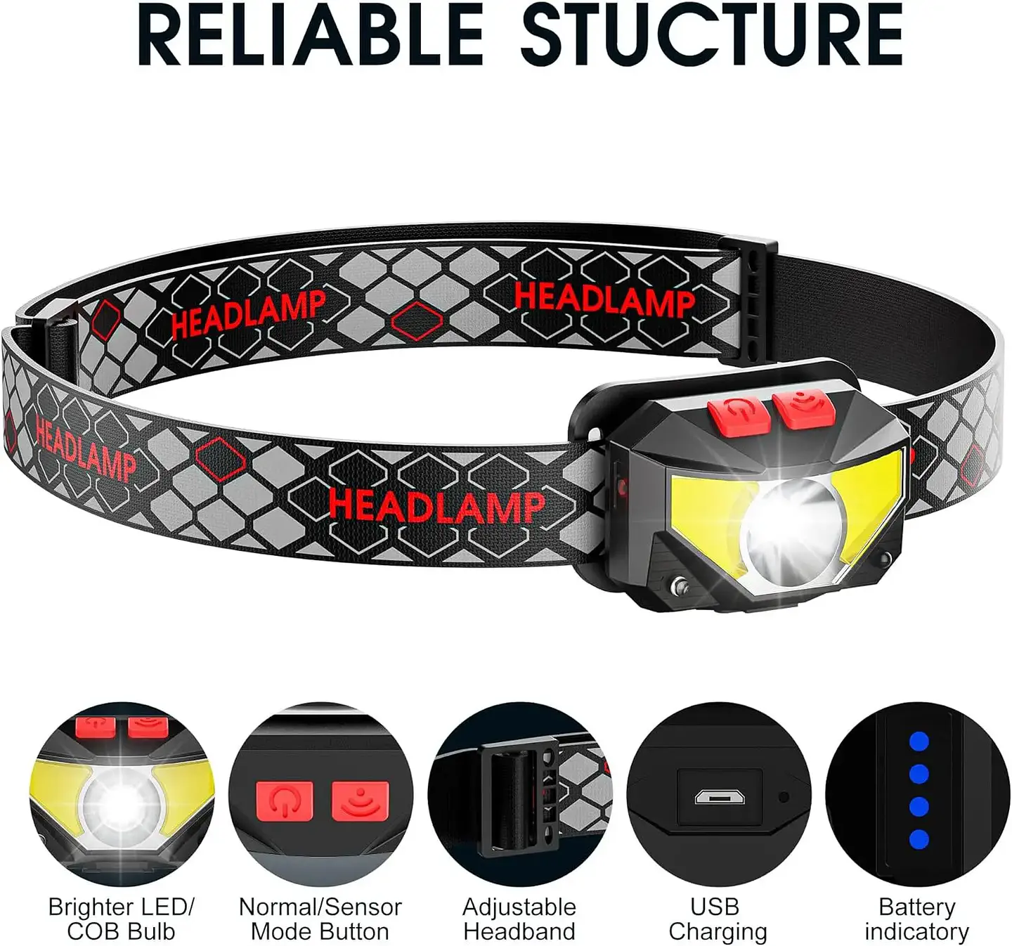 Linterna Frontal LED Recargable USB con Sensor para Camping y Outdoor 12