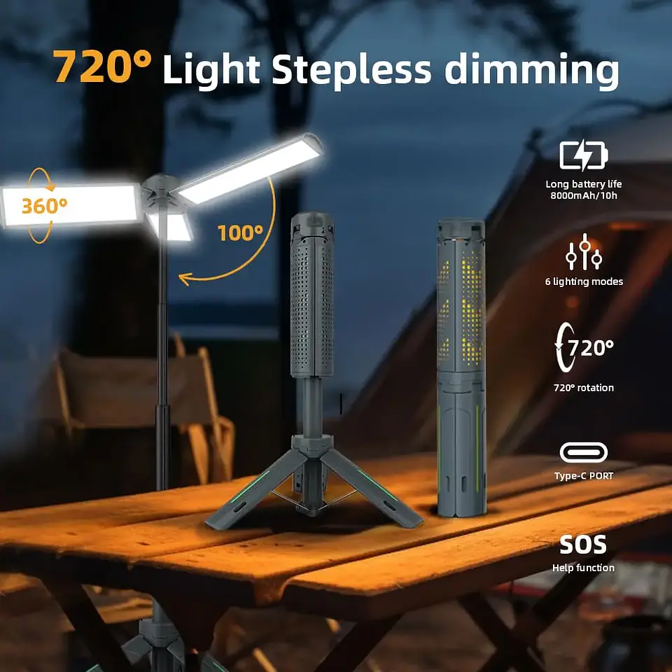Lámpara Telescópica LED para Camping 8000 mAh con Trípode 3