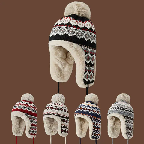 Gorro de invierno tejido con orejeras y pompón unisex