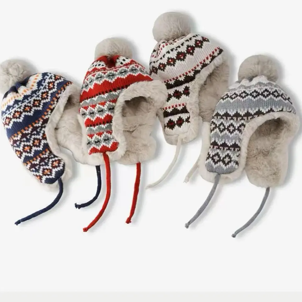 Gorro de invierno tejido con orejeras y pompón unisex 2