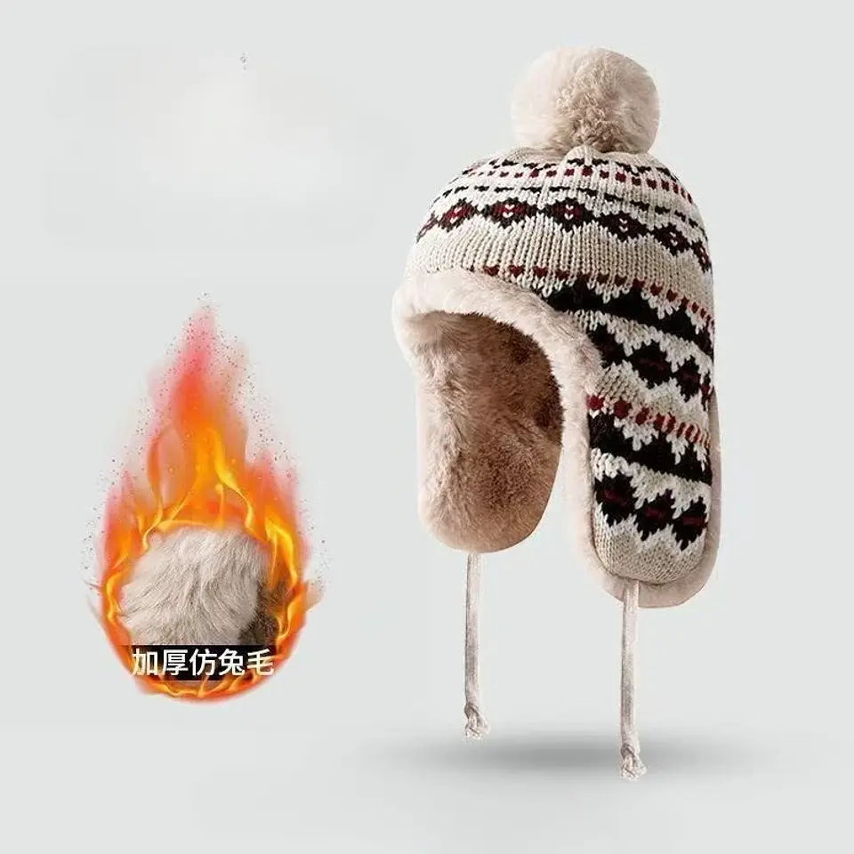 Gorro de invierno tejido con orejeras y pompón unisex 4