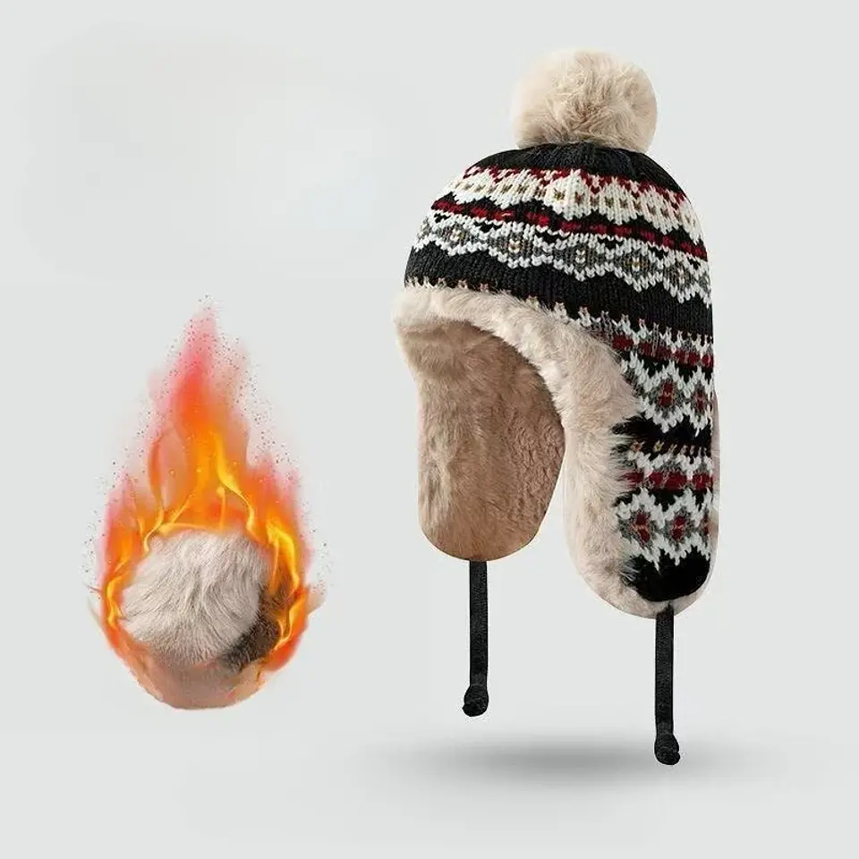Gorro de invierno tejido con orejeras y pompón unisex 5