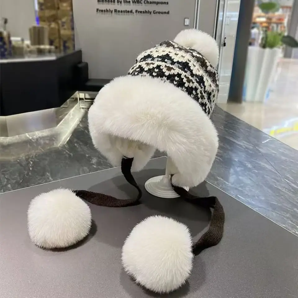 Gorro de invierno tejido con orejeras y pompón unisex 6