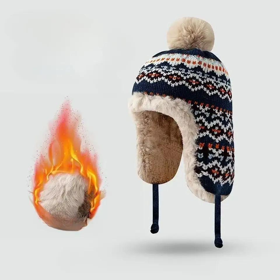 Gorro de invierno tejido con orejeras y pompón unisex 10