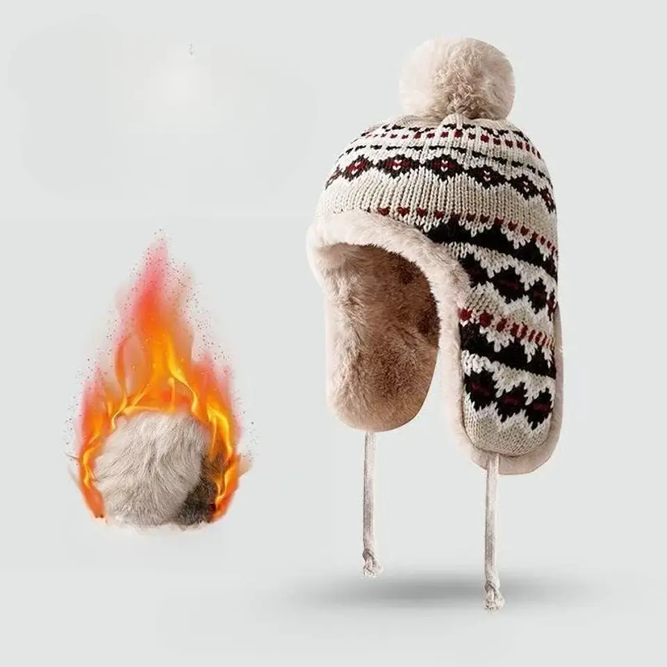 Gorro de invierno tejido con orejeras y pompón unisex 13
