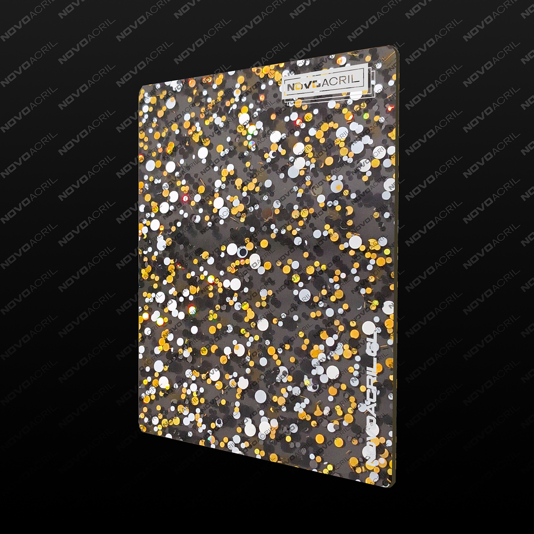 ACRILICO GLITTER CONFETTI  DOTS BLACK WHITE GOLD 1