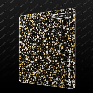 ACRILICO GLITTER CONFETTI  DOTS BLACK WHITE GOLD NOVO 3MM