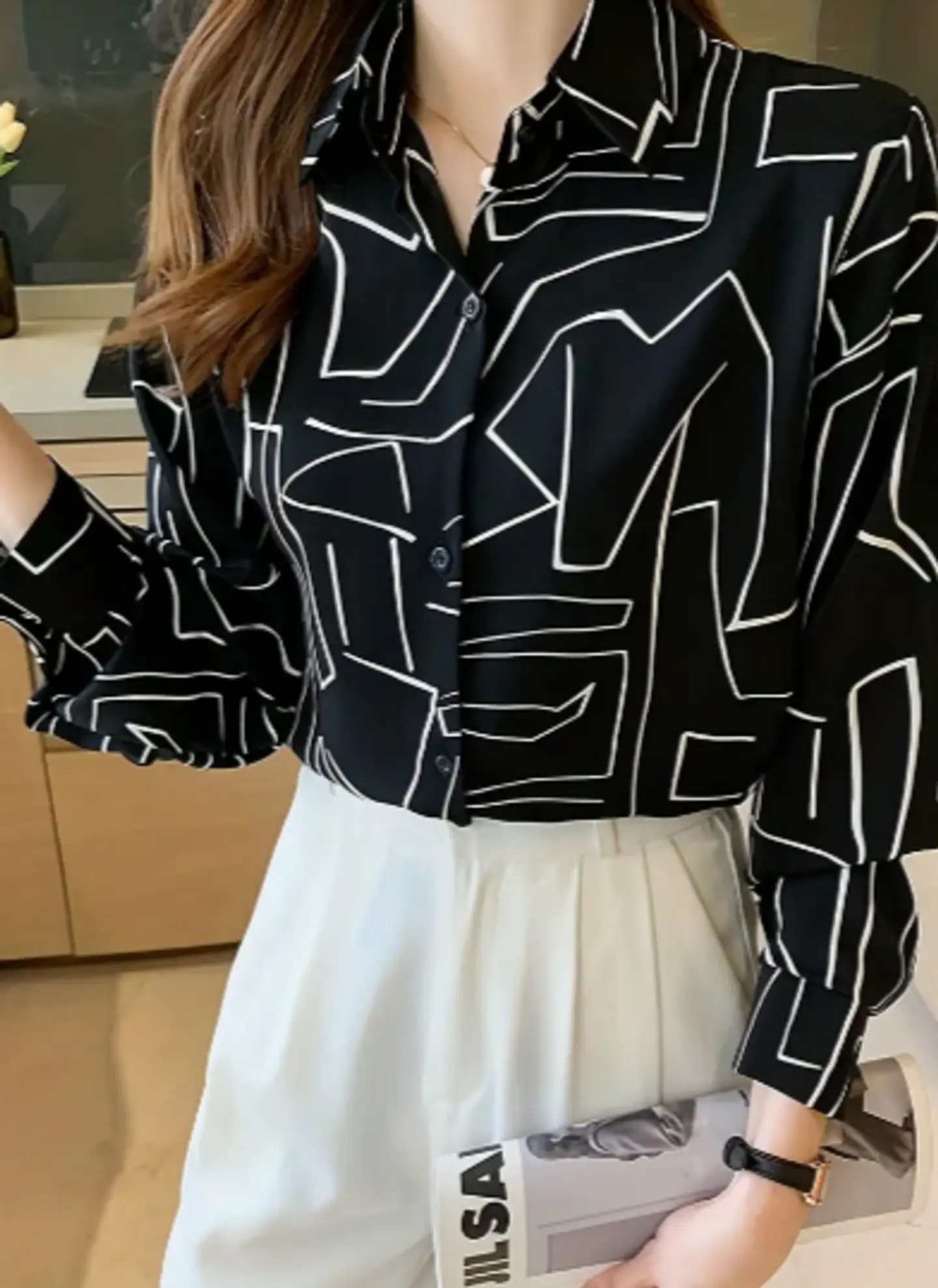 Camisa Con Estampado De Línea Simple, Estilo Asiático  2