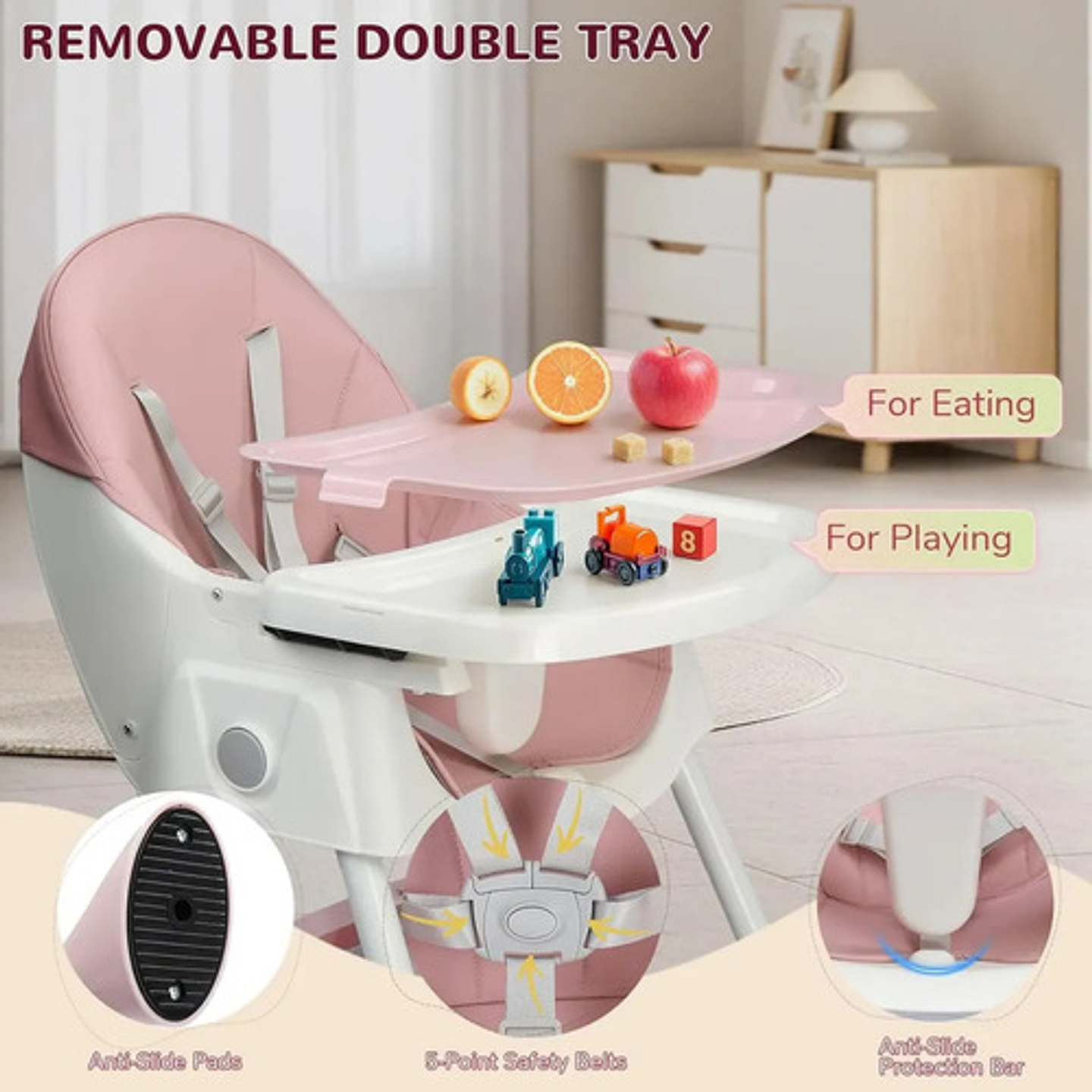 Silla De Comer Bebé 2 En 1 Ajustable Plegable Y Portátil Nórdico Rosa 2
