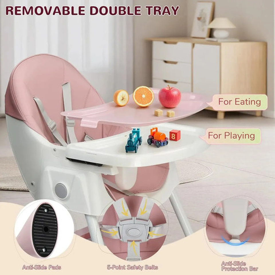 Silla De Comer Bebé 2 En 1 Ajustable Plegable Y Portátil Nórdico Rosa 2