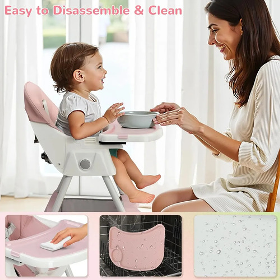 Silla De Comer Bebé 2 En 1 Ajustable Plegable Y Portátil Nórdico Rosa 3