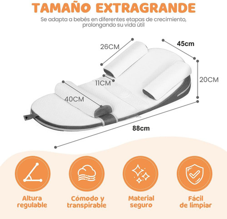 Cojín Antireflujo Bebé Ergonomico Viscoelastico Con Cinturon Gris 2