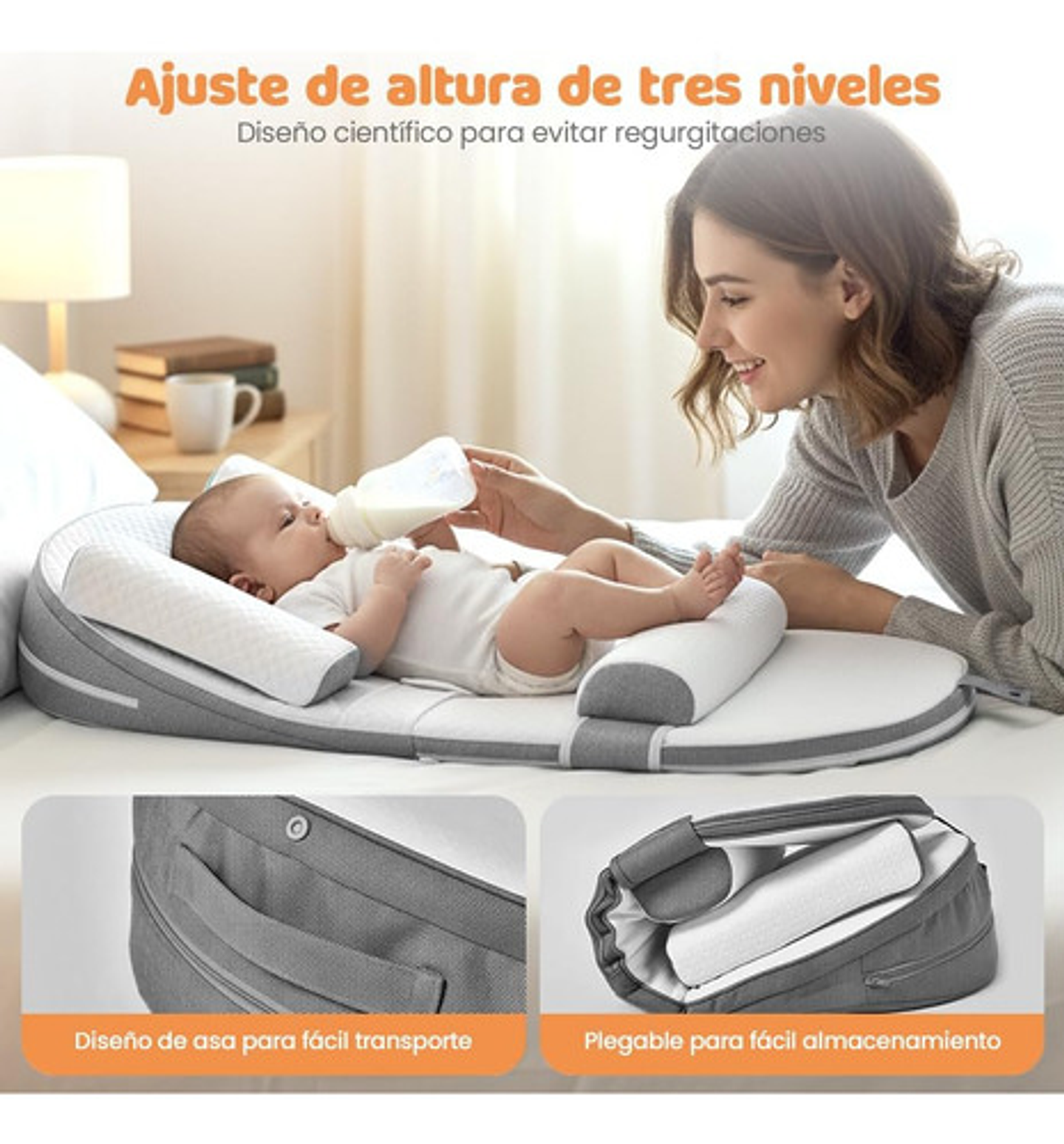 Cojín Antireflujo Bebé Ergonomico Viscoelastico Con Cinturon Gris 4