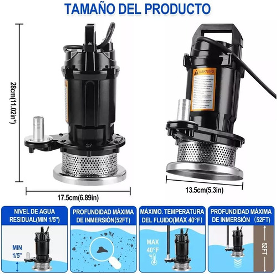 Bomba De Agua Sumergible 370w, Flujo Máximo 1500l/h, Bomba Sumergible Agua Sucia Para Piscina, Jardín Y Estanque Negro 5