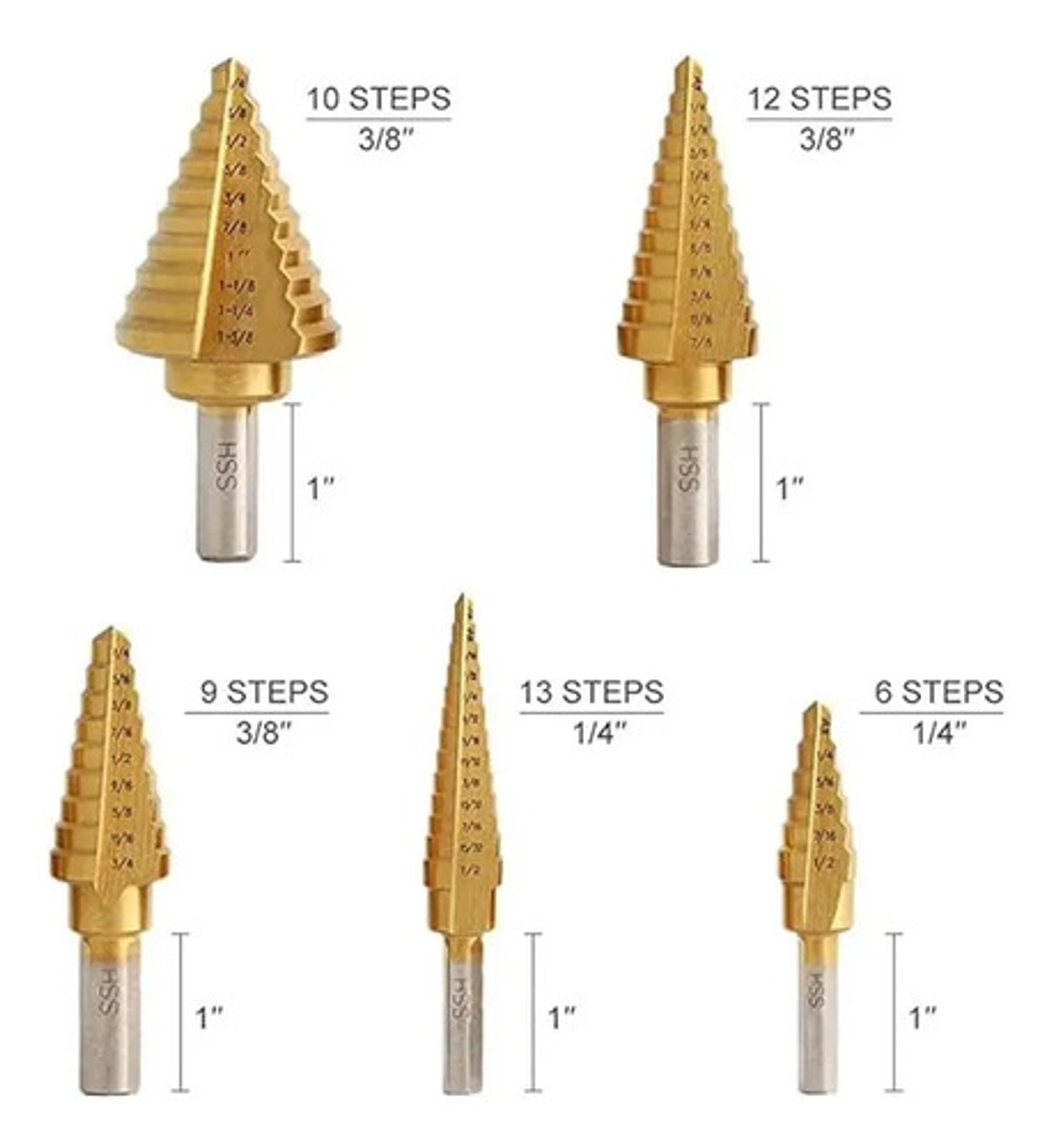 Set 6 Brocas Cónicas Hss Acero Rápido Titanio Metal 7