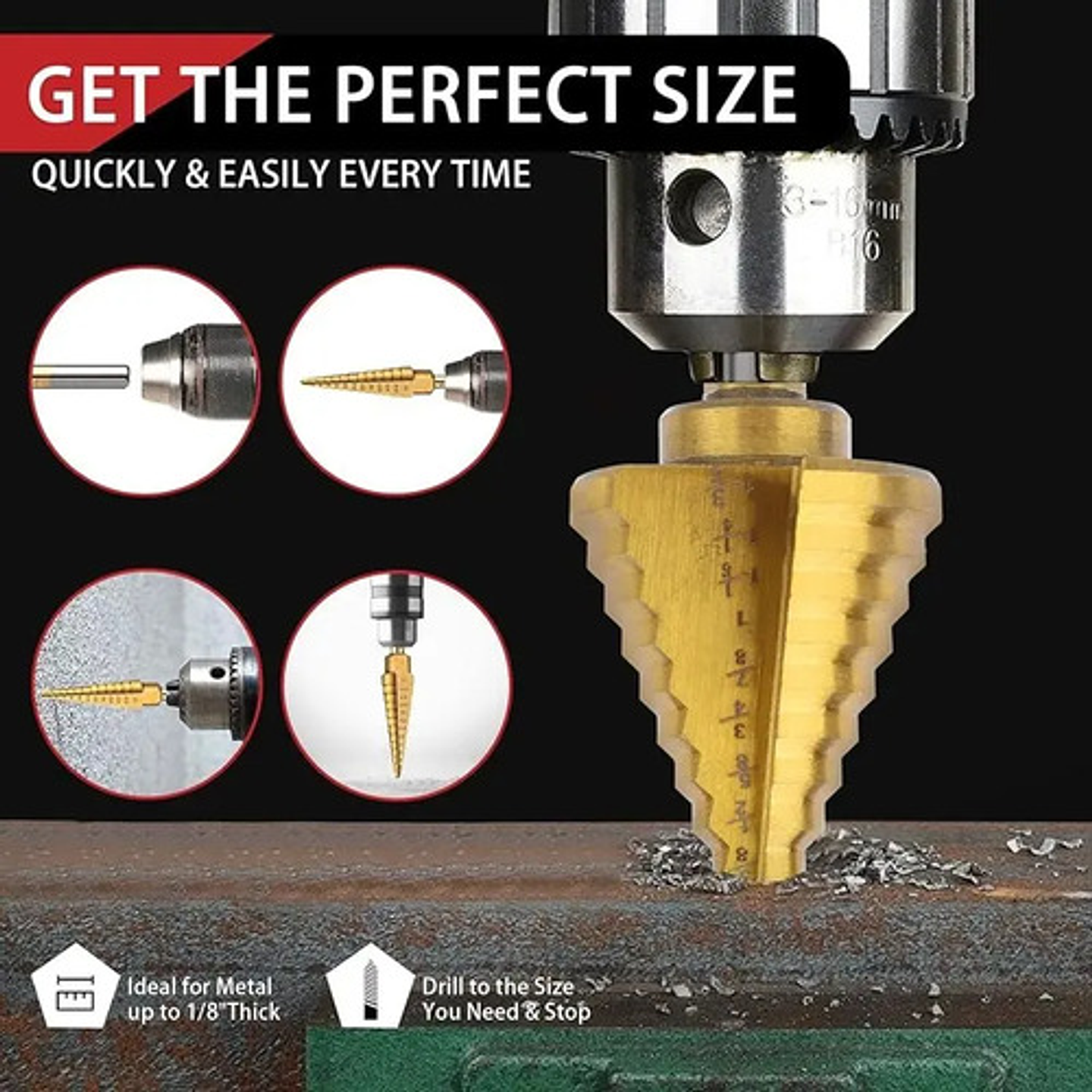 Set 6 Brocas Cónicas Hss Acero Rápido Titanio Metal 9