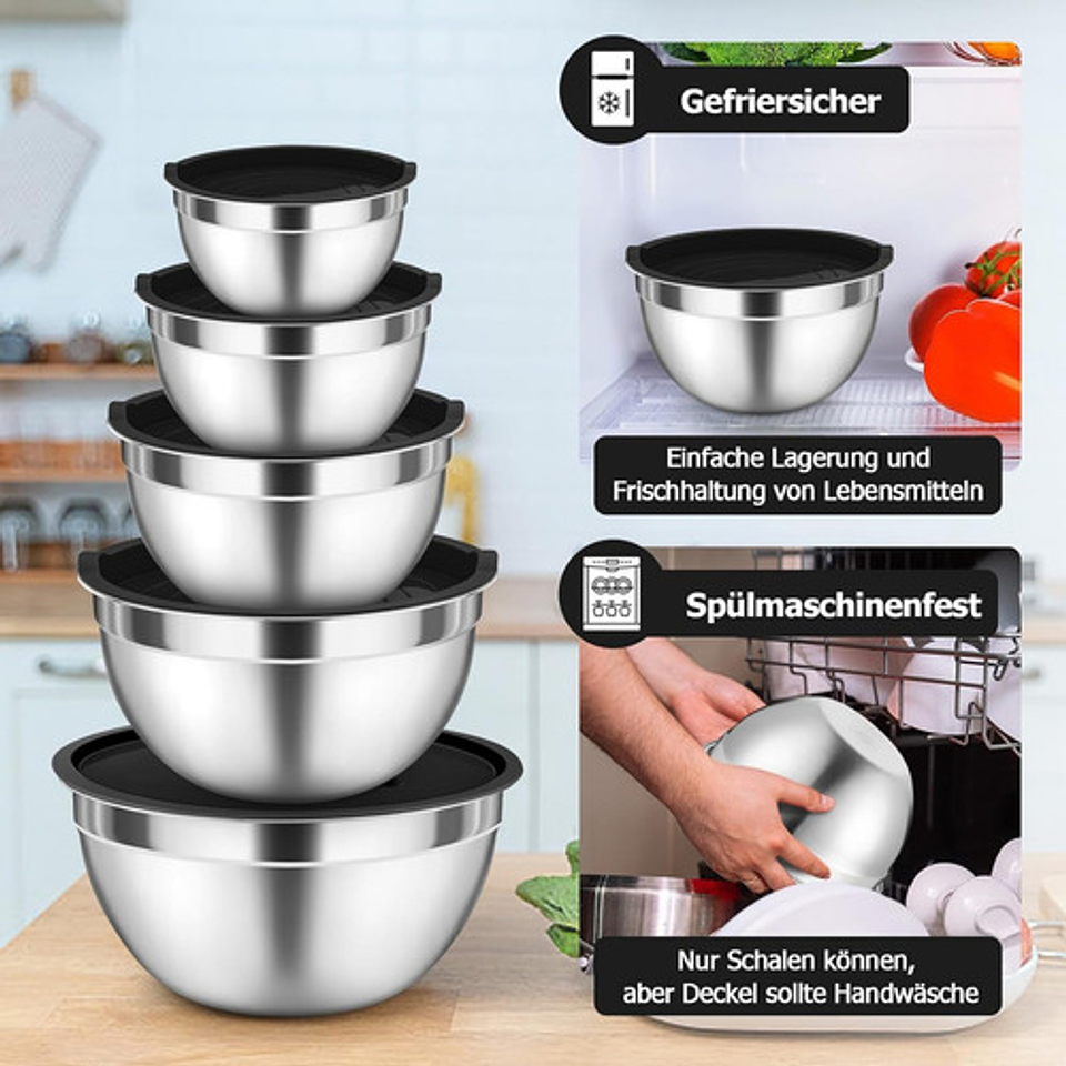 Juego De Bowls Con Tapa Acero Inoxidable Antideslizante Plateado 8