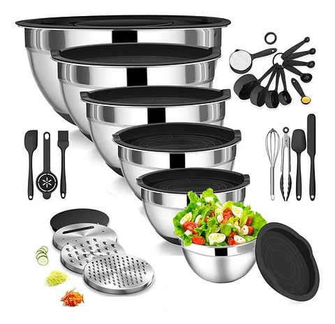 Juego De Bowls Con Tapa Acero Inoxidable Antideslizante Plateado
