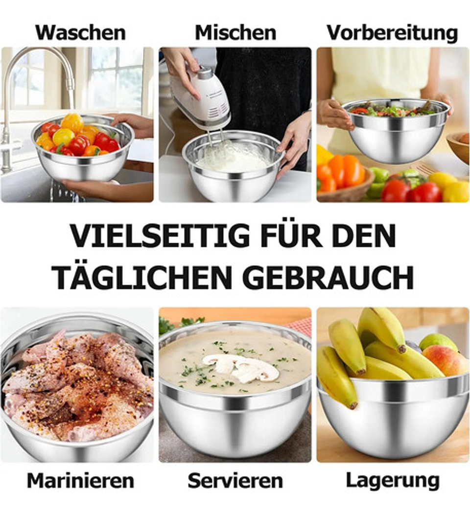 Juego De Bowls Con Tapa Acero Inoxidable Antideslizante Plateado 9