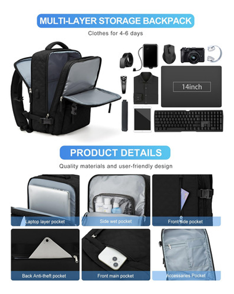 Mochila Viaje Impermeable Antirrobo Con Puerto Usb Notebook 75