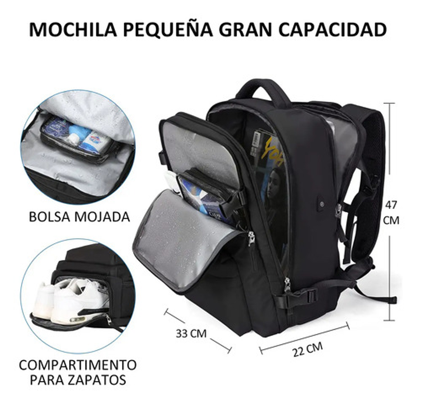 Mochila Viaje Genérica Large Travel Backpack Color Negro Diseño Liso 40l 2