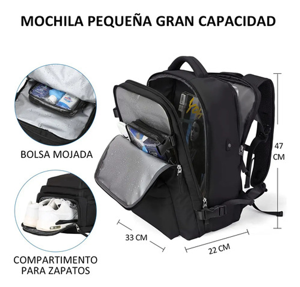Mochila Viaje Genérica Large Travel Backpack Color Negro Diseño Liso 40l 2