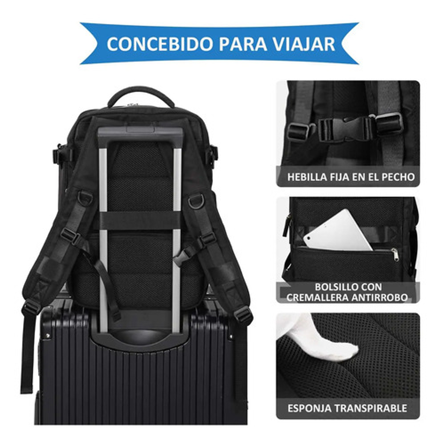 Mochila Viaje Genérica Large Travel Backpack Color Negro Diseño Liso 40l 4