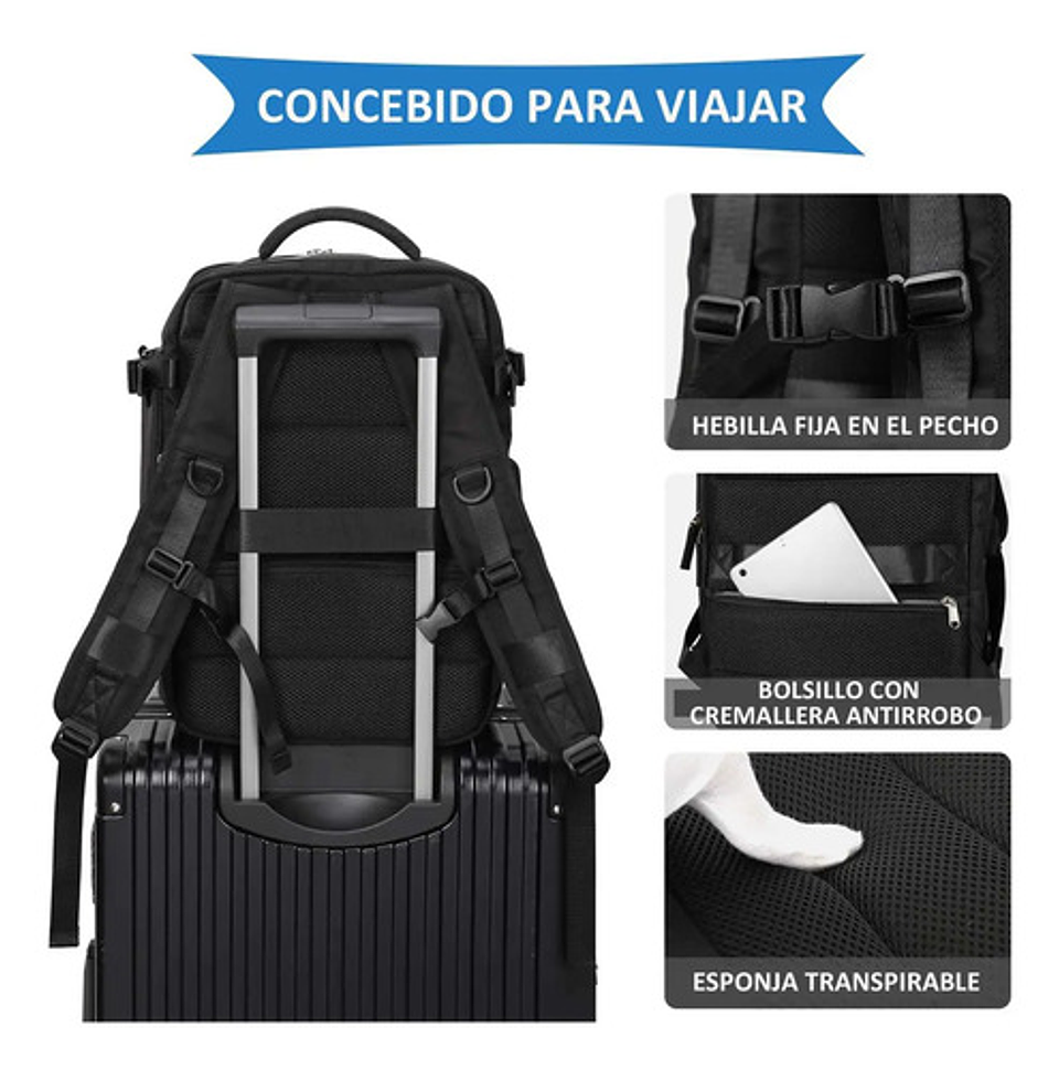 Mochila Viaje Genérica Large Travel Backpack Color Negro Diseño Liso 40l 4