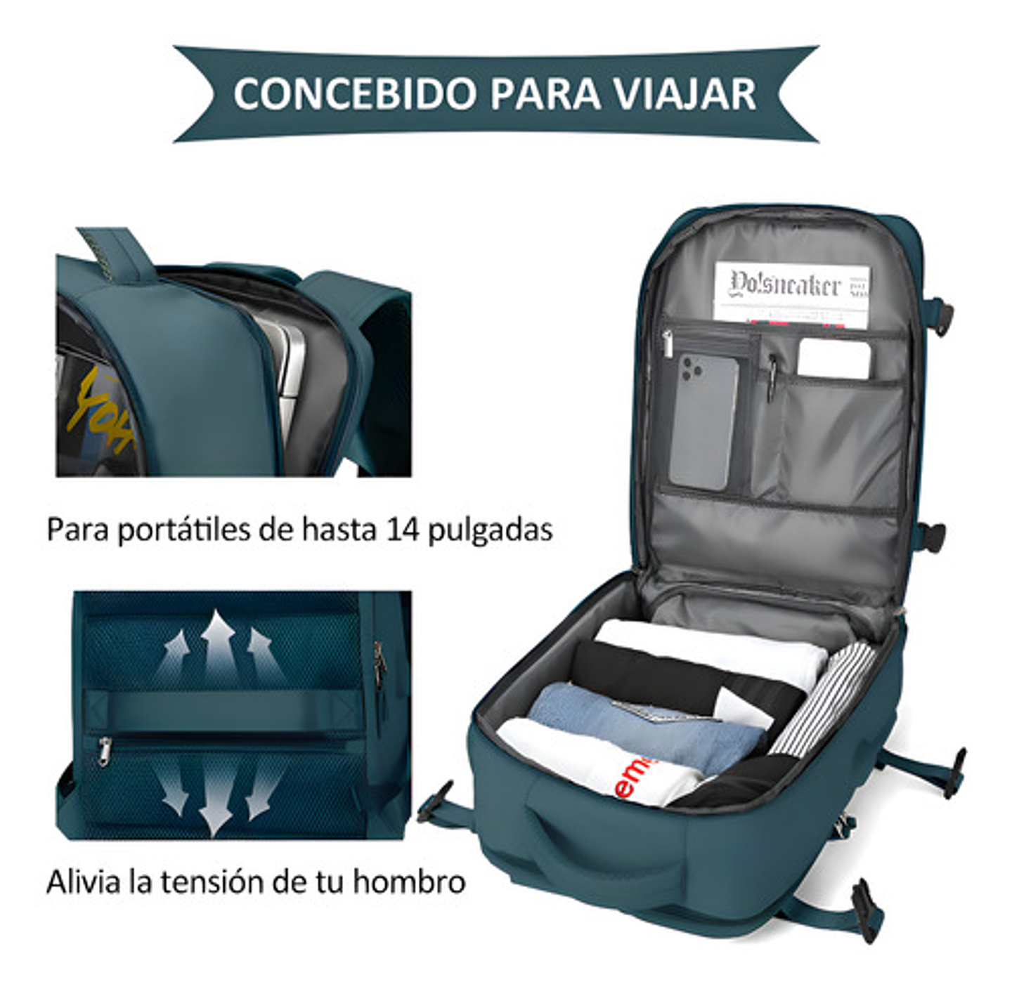 Mochila De Viaje De Gran Capacidad Con Hombros Usb Puerto Color Verde Oscuro Diseño De La Tela Liso 1